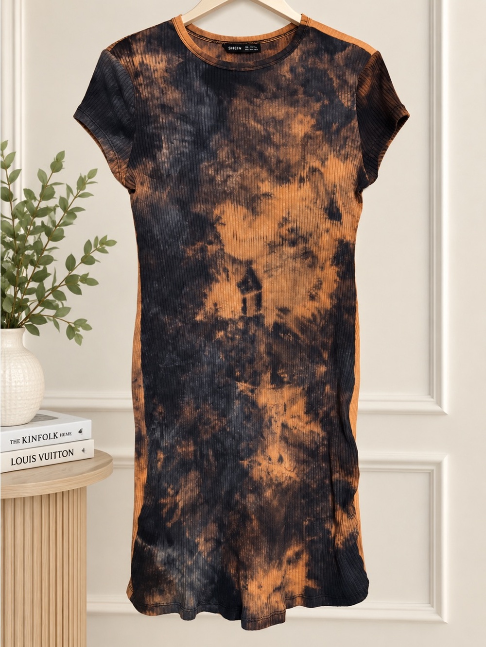 SHEIN Black and Brown Tie-Dye Ribbed Bodycon Dress